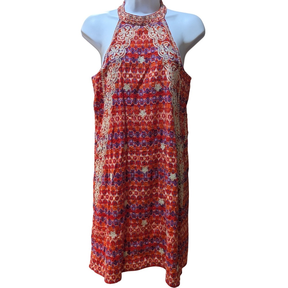 THML Halter Neck Embroidered Shift Dress Red/Orange Boho Tropical Beach Size S
